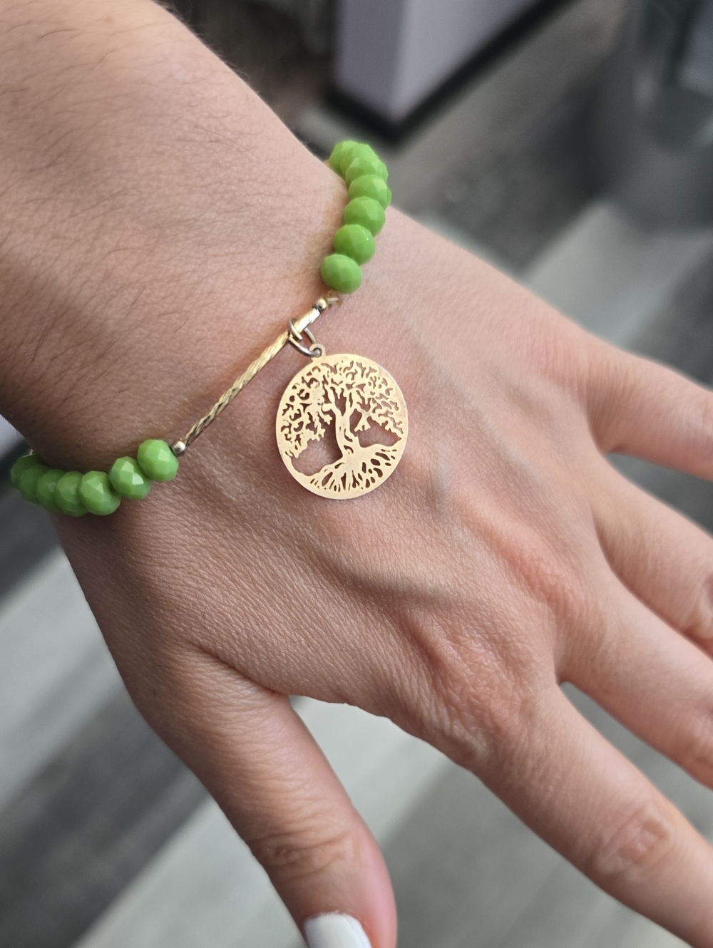 Gold Tree of Life Bracelet with Green Beads